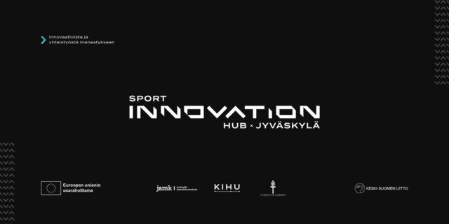 Sport Innovation Hub Jyväskylän logo valkoinena mustalla taustalla. Mukana myös hanketoimijoiden logot ja EU-rahoituslogo